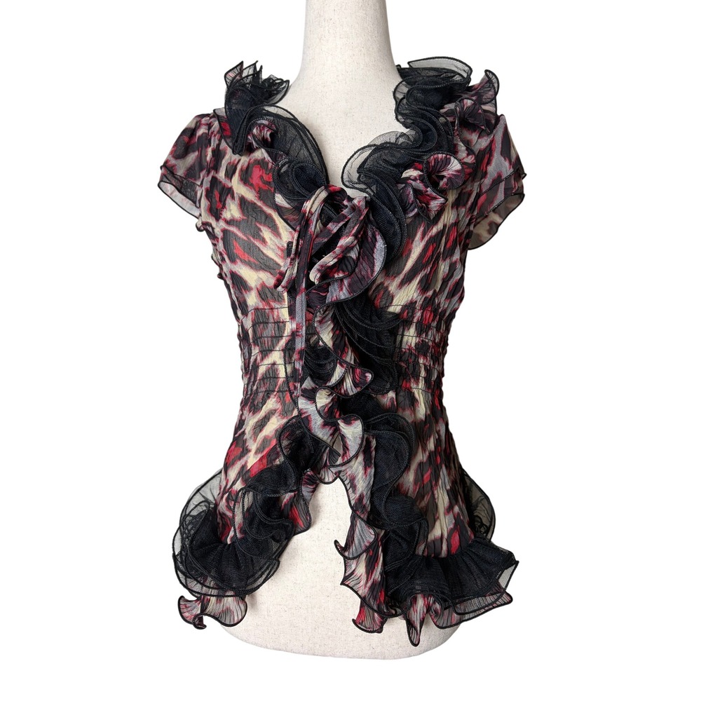 Moon River Leopard Print Ruffle Mesh Smocked Waist Blouse Red Black Small NWT
